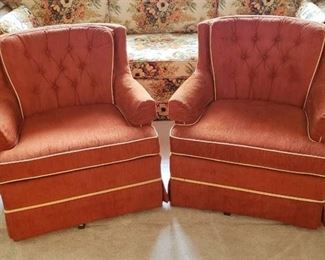 Pair of Broyhill Retro Style Swivel Rockers - Burnt Orange Color with Cream Piping
