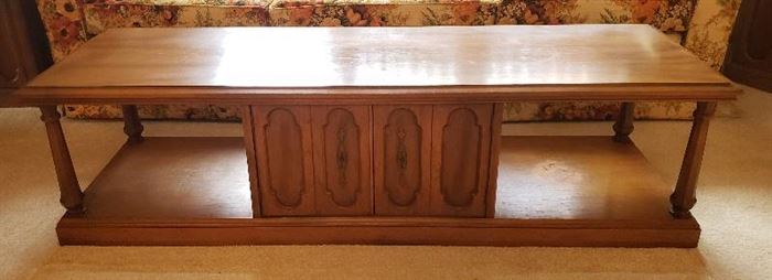 Early American 2 Door Cabinet Coffee Table - 64 in. x 21 in. x 17 in. - one area damaged (see pictures)