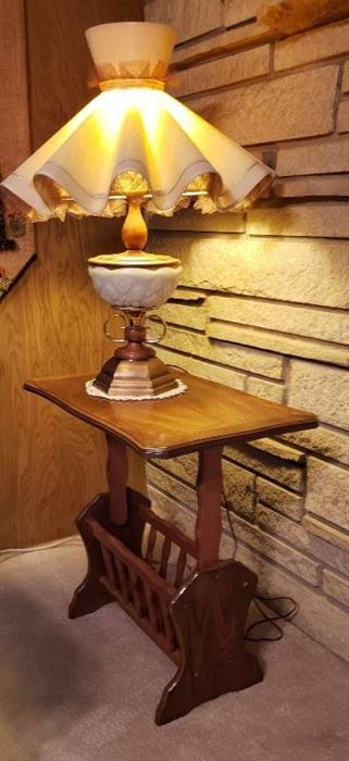 Wood Magazine Rack Table with Vintage Table Lamp - Table: 24 in. x 16 in. x 24 in. Lamp: 28 in. tall