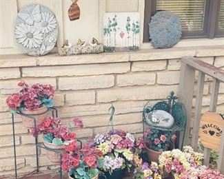 Lot of Outdoor Faux Flowers and Welcome Decor