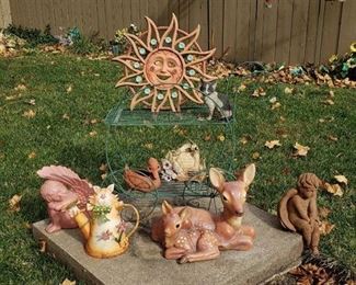 Lot of Assorted Outdoor Decor - Metal Plant Cart, Angels, Cats, Deer, and Others - some may have chip or cracks