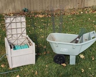 Lot of Gardeners Work Tools - Ames Lawn Cart, Hose Reel with Hose, and Plant Holders