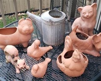 Lot of Terra Cotta Animal Planters / Figurines with Galvanized Watering Can - patio table not included