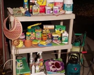 Lot of Fertilizers, Herbicides, Fungicides, Insecticides, Sprayers, Gloves and Knee Pads - shelf not included