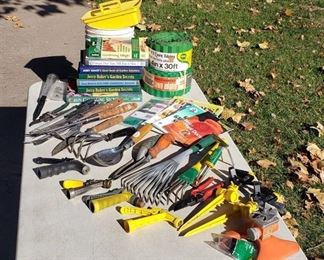 Lot of Garden Tools - Hand Tools, Sprinklers, Buckets, Books, and Edging