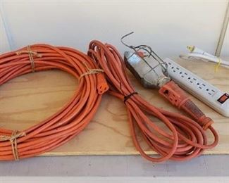 Lot of Drop Light (works), Extension Cord, and Power Strip