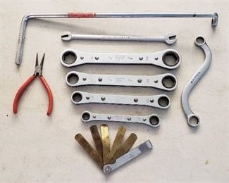 Lot of Snap-on Ratcheting Wrenches, Specialized Wrenches, Needle nose Pliers, and Gap guage