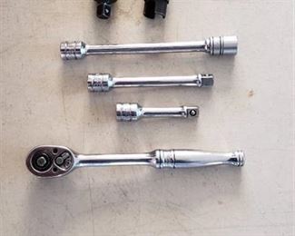 Lot of Snap-on 3/8 in. Ratchet with 3 Extensions, (1) 1/2 in. socket, GAX 1 Socket Reducer, and S6118 Multi-tool Socket