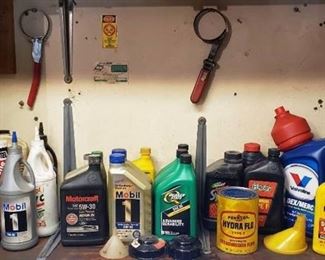 Lot of Automotive Fluids - Oils, TransmissionFluid, Gear Lube, Brake Fluid, and Oil Charging Tools - most containers are full