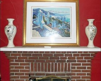 Framed Artwork with Large Lacquer Vases