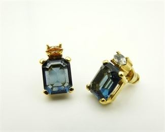 Gold Tone Post Earrings with Synthetic Blue Clear Stones