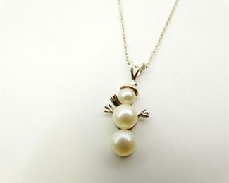 Silver Real Pearl Snowman Pendant Necklace