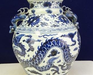 13 x 13 x 15.5 Blue White Chinese Dragon Vase