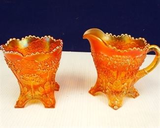 Antique Marigold Fenton Orange Tree Footed Cream Sugar Bowl