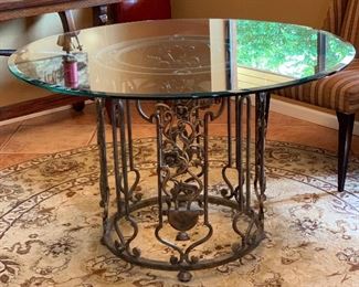 Scroll Iron & Glass Dining Table w/ 3 Fabric Chairs 30in H x 48 in diameter HxWxD