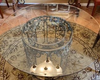 Scroll Iron & Glass Dining Table w/ 3 Fabric Chairs 30in H x 48 in diameter HxWxD