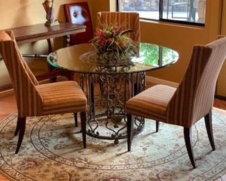Scroll Iron & Glass Dining Table w/ 3 Fabric Chairs 30in H x 48 in diameter HxWxD