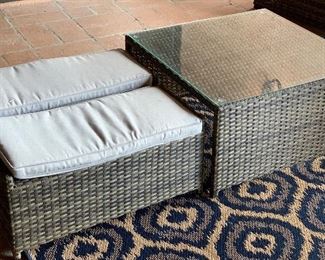 All Weather Wicker Coffee Table w/ Stowaway Ottomans 18x33x33in HxWxD