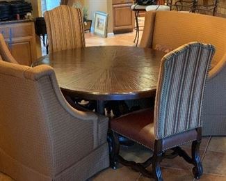 NC Rustic Hammered Dining table w/ 2 booth Style seats & 2 Head Chairs 30x60x72in Was $14,000.00 new!