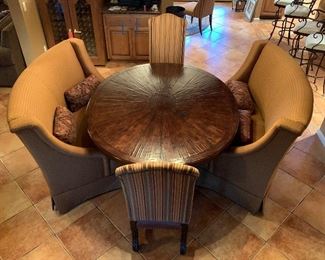 NC Rustic Hammered Dining table w/ 2 booth Style seats & 2 Head Chairs 30x60x72in Was $14,000.00 new!