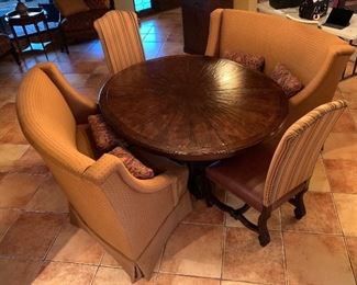 NC Rustic Hammered Dining table w/ 2 booth Style seats & 2 Head Chairs 30x60x72in Was $14,000.00 new!