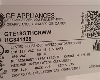 GE 17.5 CU ft Refrigerator GTE18GTHGRWW 67.5x28x33in HxWxD