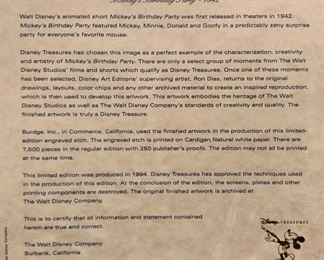 Disney Treasures Serigraph Mickey’s Birthday Party 1942 With COA & Box