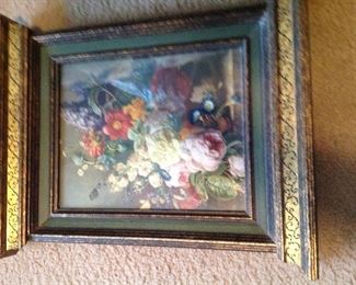 Vintage framed floral print, has extra molding