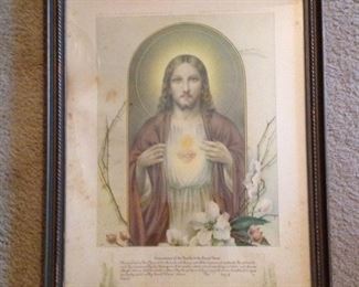 Beautiful old framed Scared Heart of Jesus print.