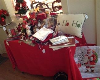 Christmas decor, napkins, tablecloths, placemats, candles, dishes, glasses, pillows and much more