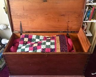 Primitive Blanket chest (inside), misc. quilts, bedding, linens