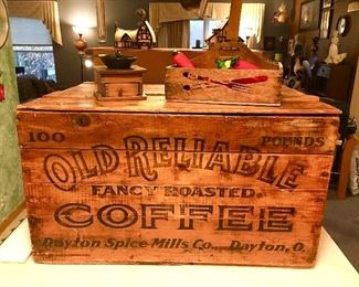 Old Reliable wooden coffee box, coffee grinder, wooden box with handle, glass fruit