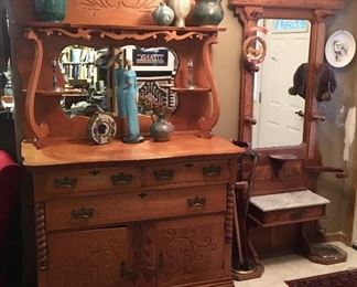 Antique buffet with carvings & applied moldings, antique hall tree with umbrella/cane stands