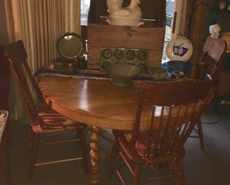 Antique table & 4 chairs, antique wood box, enamel ware, misc pottery 