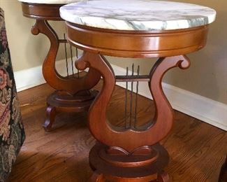 Marble top end tables made from heavenly harps