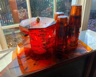 This is an ULTRA cool Bakelite tortoise shell ice bucket, tray and bar glass set!!!