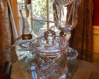 Waterford crystal biscuit barrel. Crystal decanter and vase. Fancy