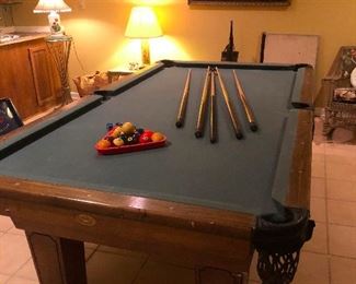 Antique pool table! With balls and cues!