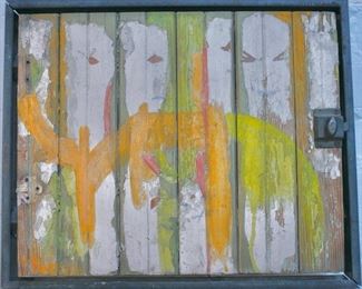 Metal and Painted/enhanced Wood-Slat Door with Faces and Animal 18" x 24" by Milton Katselas