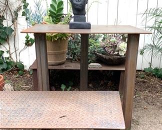 Low Industrial Iron Table/Bench (2-pictured) and 3-leg Industrial Iron table with African Bust