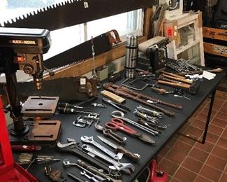 Black & Decker drill press, Belt sander, Primitive saws and large variety of vintage hand tools