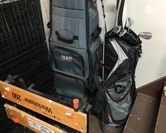 Workmate, large portable pet crate and golf clubs with golf bag carrier