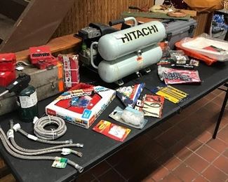 Hitachi air compressor, plumbing and electrical tools, propane torch and a variety of drill bits