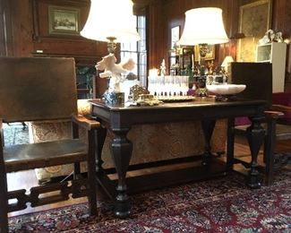 LIBRARY TABLE AND PAIR OF COURT CHAIRS