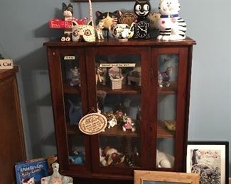 Lots of cat Knick-knacks...antique curio cabinet