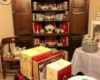 Beautiful primitive corner cabinet bursting with Spode Christmas Tree! 