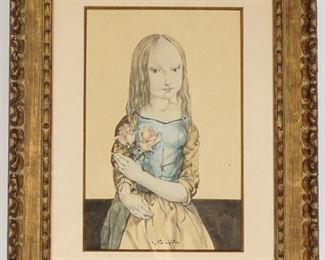 Leonard Foujita Young Girl with Roses Watercolor