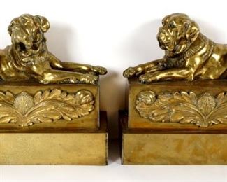 Pr Cast Brass Figural Mastiff Dog Chenets
