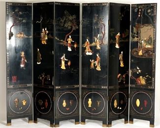 Six Panel Chinese Hardstone and Lacquer Screen