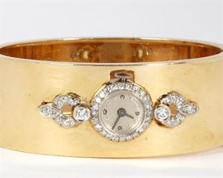 14k Gold Diamond Hinged Cuff Bracelet Watch